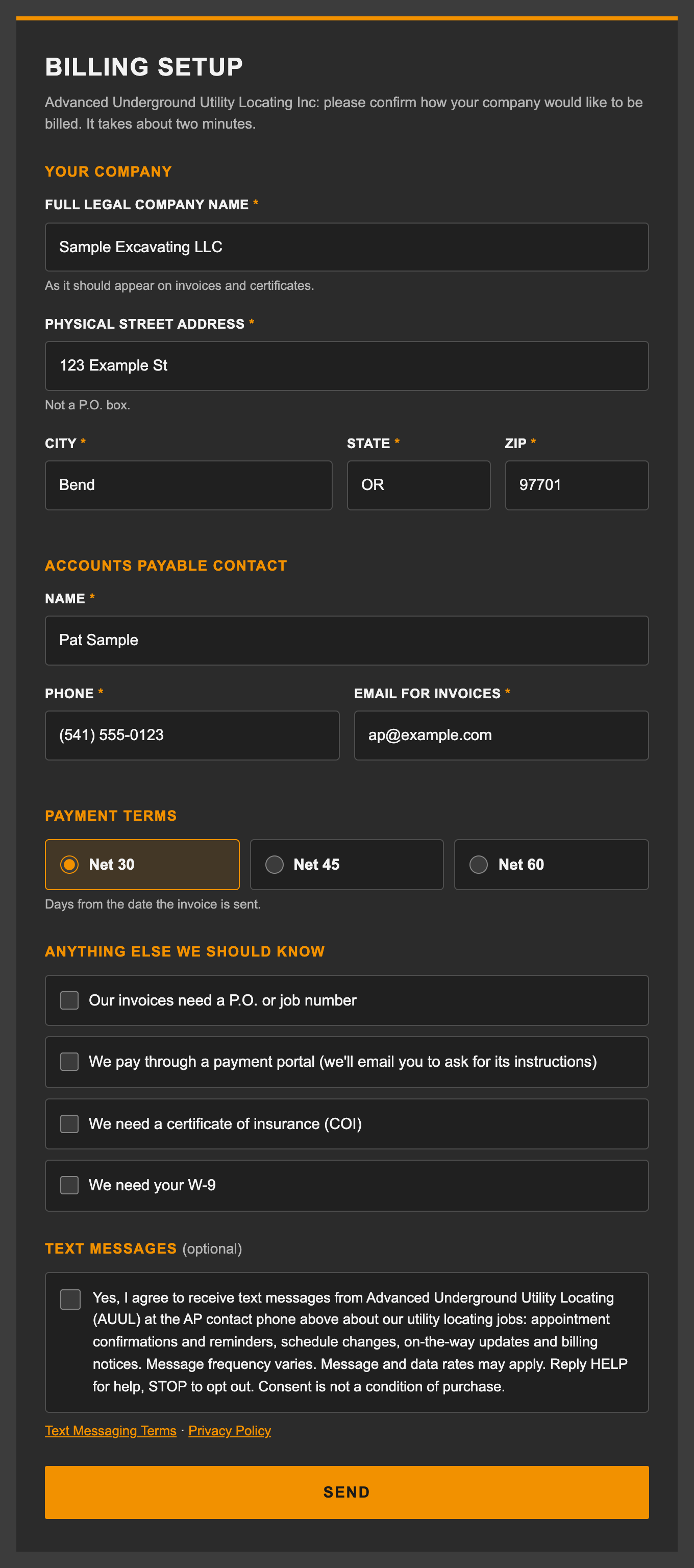 The whole billing setup form with sample company data; the text messages box near the end is unchecked