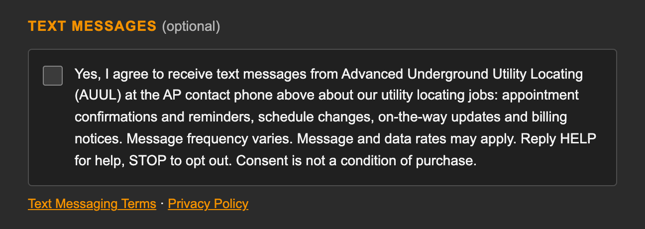 The Text messages (optional) section of the billing setup form, with its consent box unchecked and the Terms and Privacy Policy links