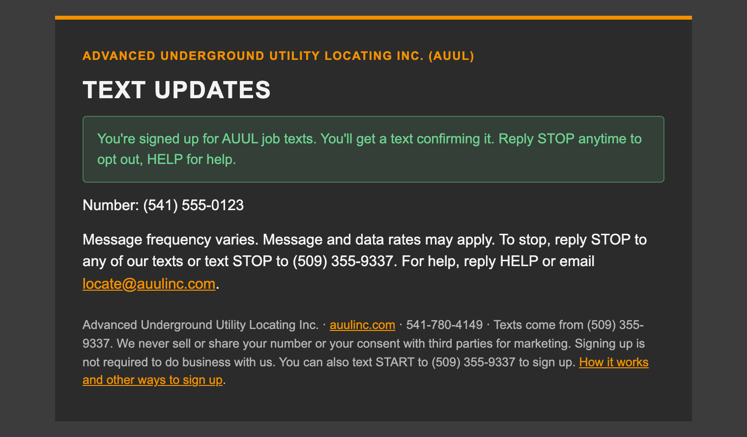 The confirmation shown after signing up, with the frequency, rates, STOP and HELP information