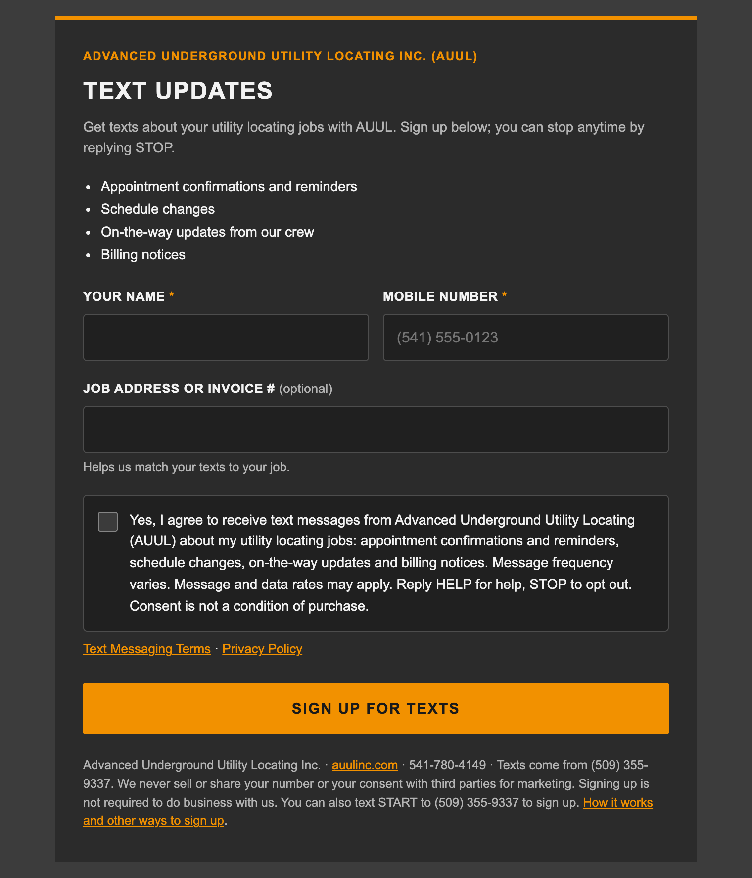 The text updates sign-up form: name, mobile number, optional job address, and the unchecked consent box with the Terms and Privacy Policy links